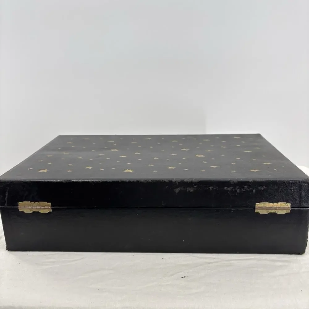 Vtg 2 Tier Jewelry Box Black Leathette Gold Stars Celestial 14x8.5